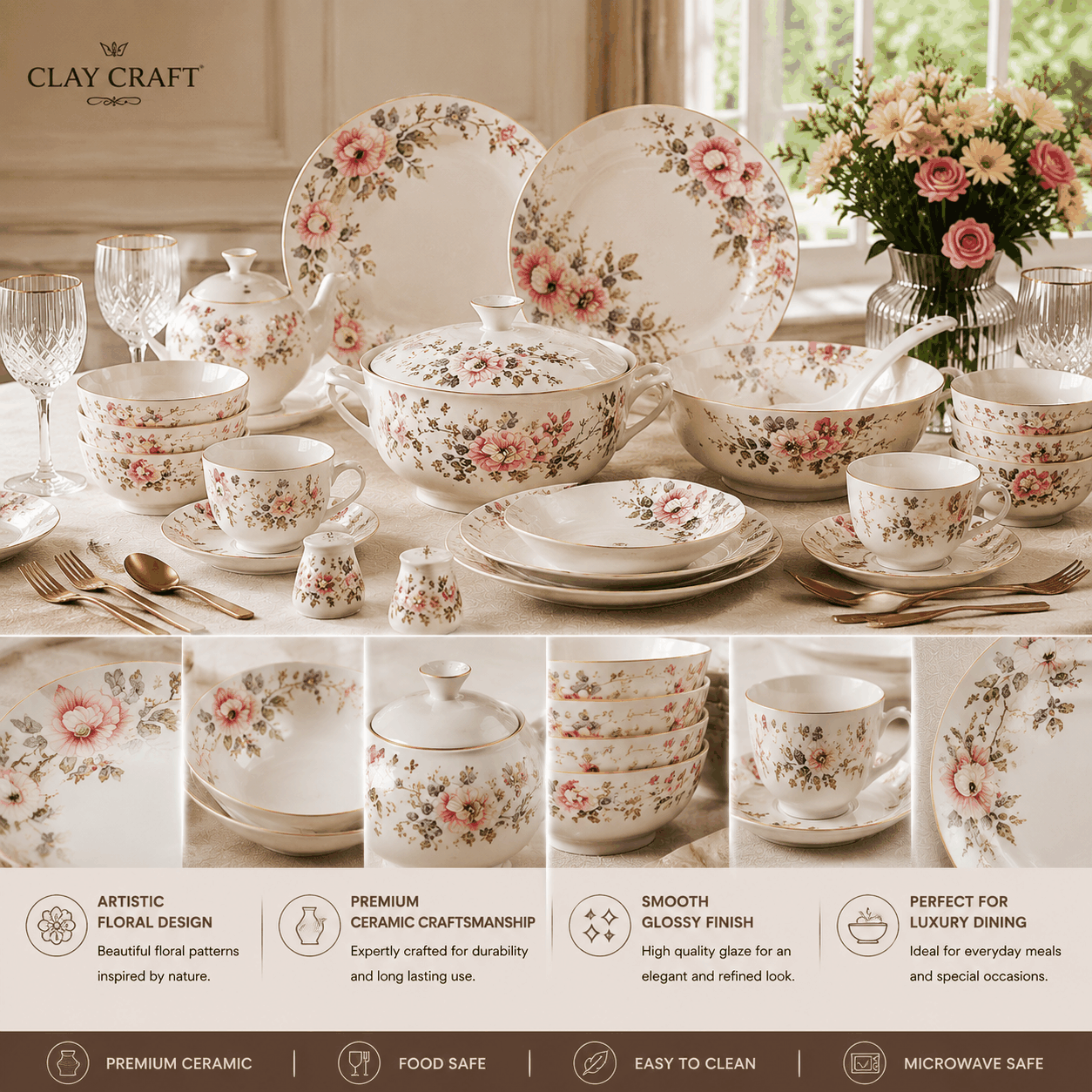 Clay Craft Floral Ceramic Dinner Set