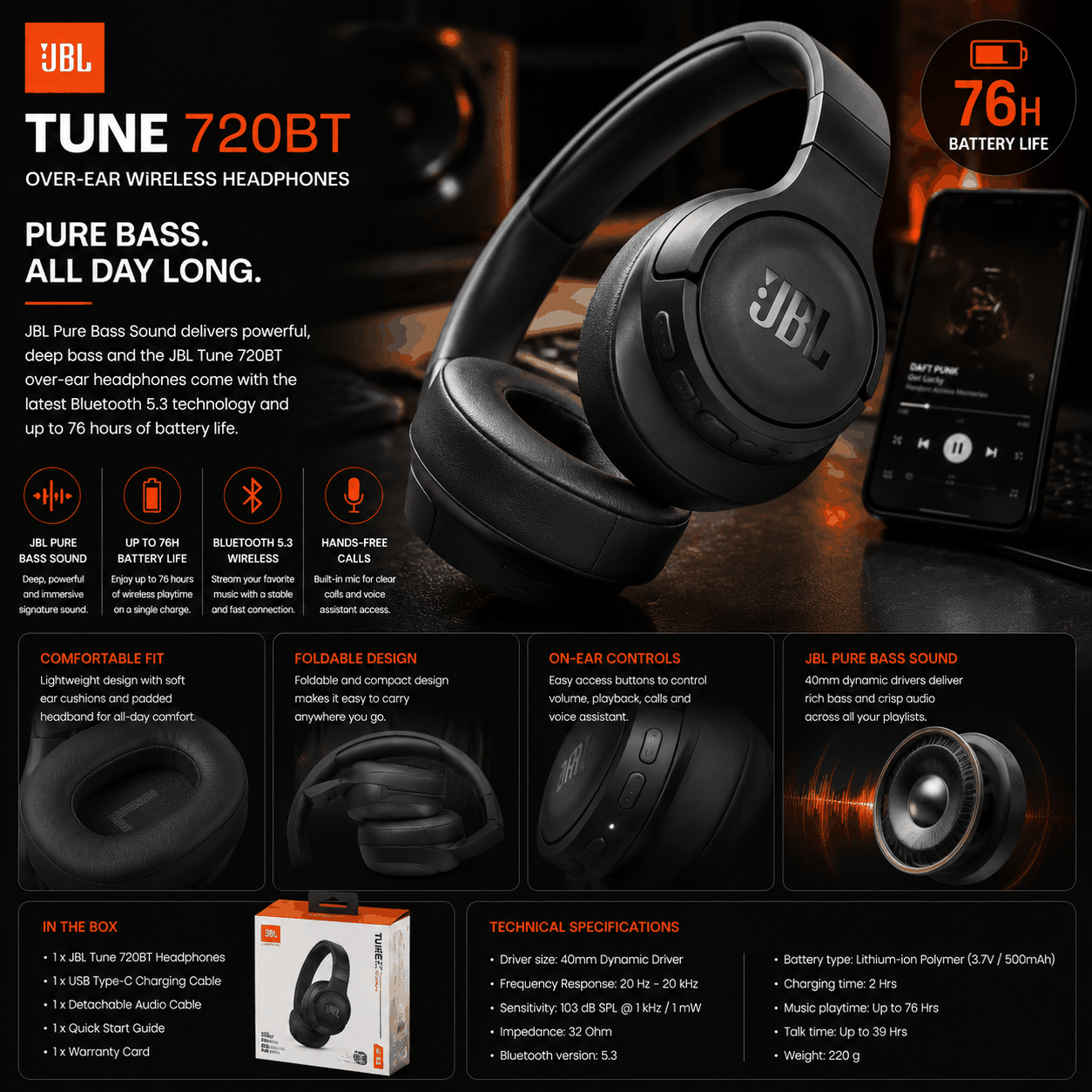 JBL JBL Tune 720BT Over-Ear Wireless 76-Hour Battery