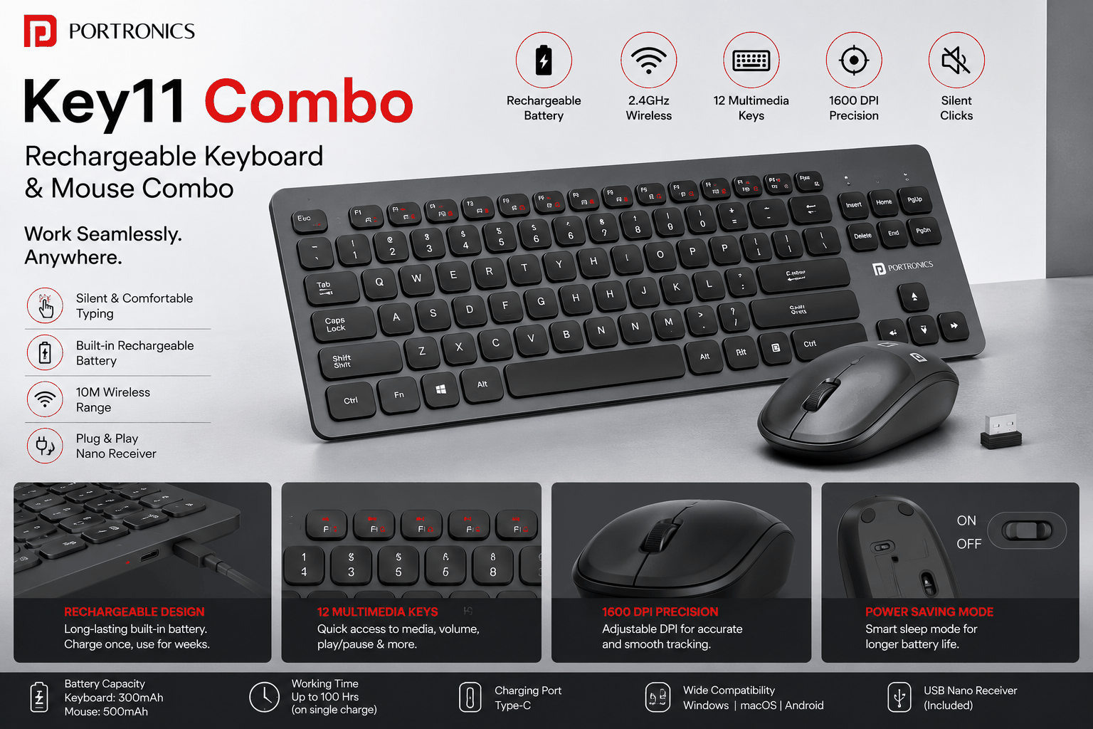 Portronics Key11 Combo Rechargeable Keyboard & Mouse Combo