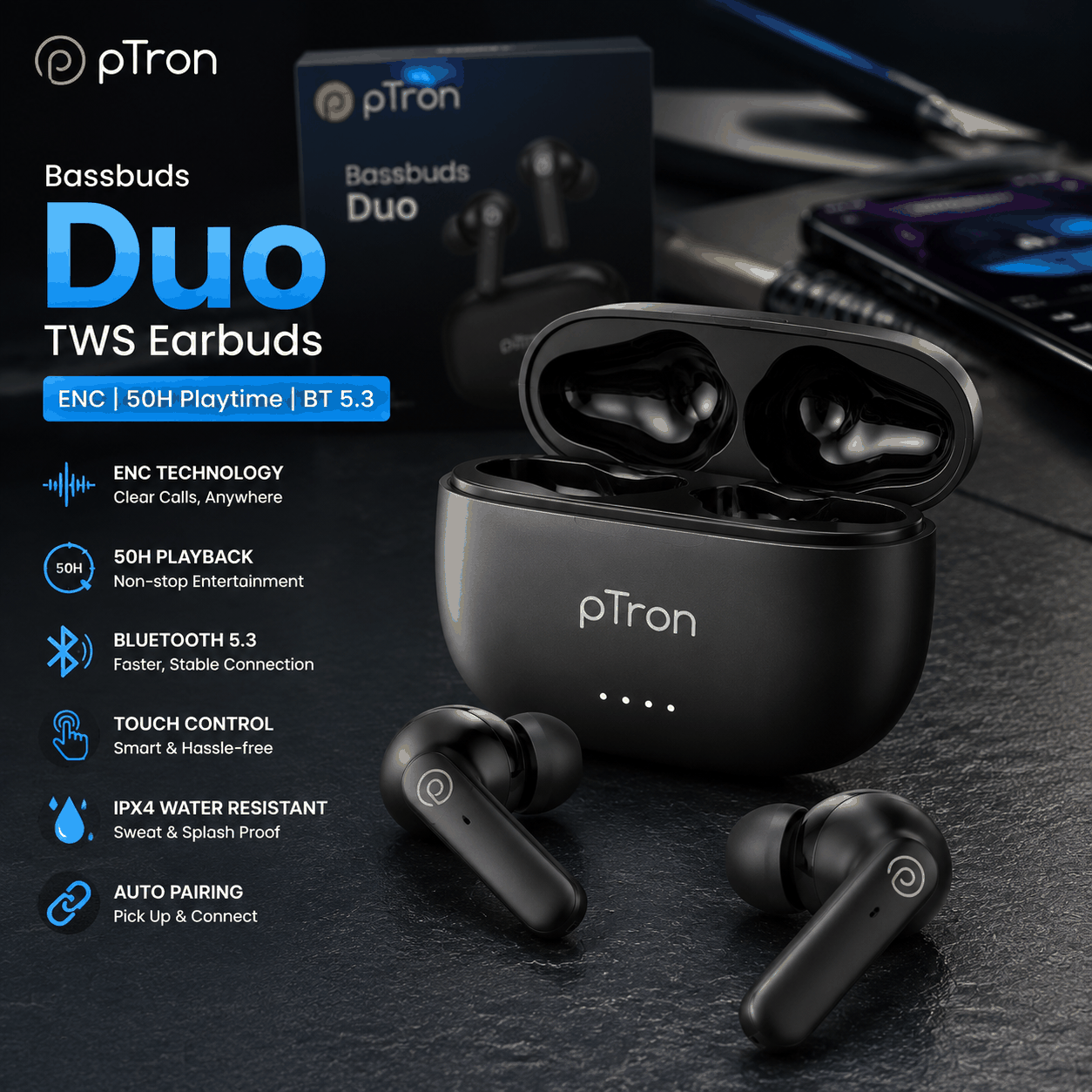 Ptron pTron Bassbuds Duo TWS Earbuds ENC