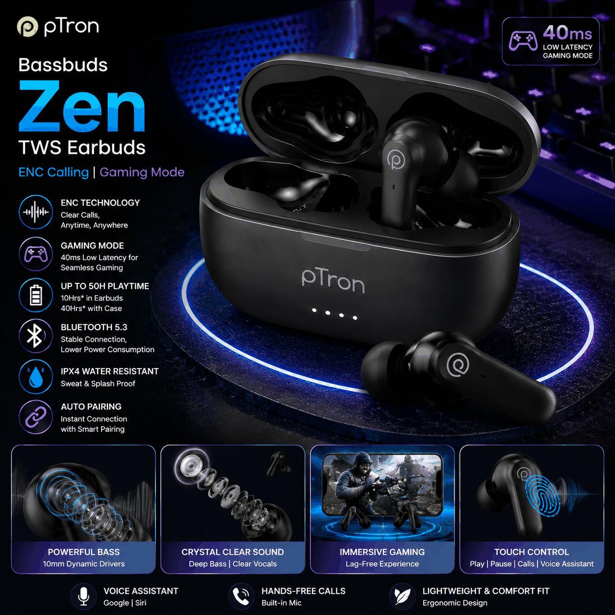 Ptron pTron Bassbuds Zen TWS Earbuds ENC Calling
