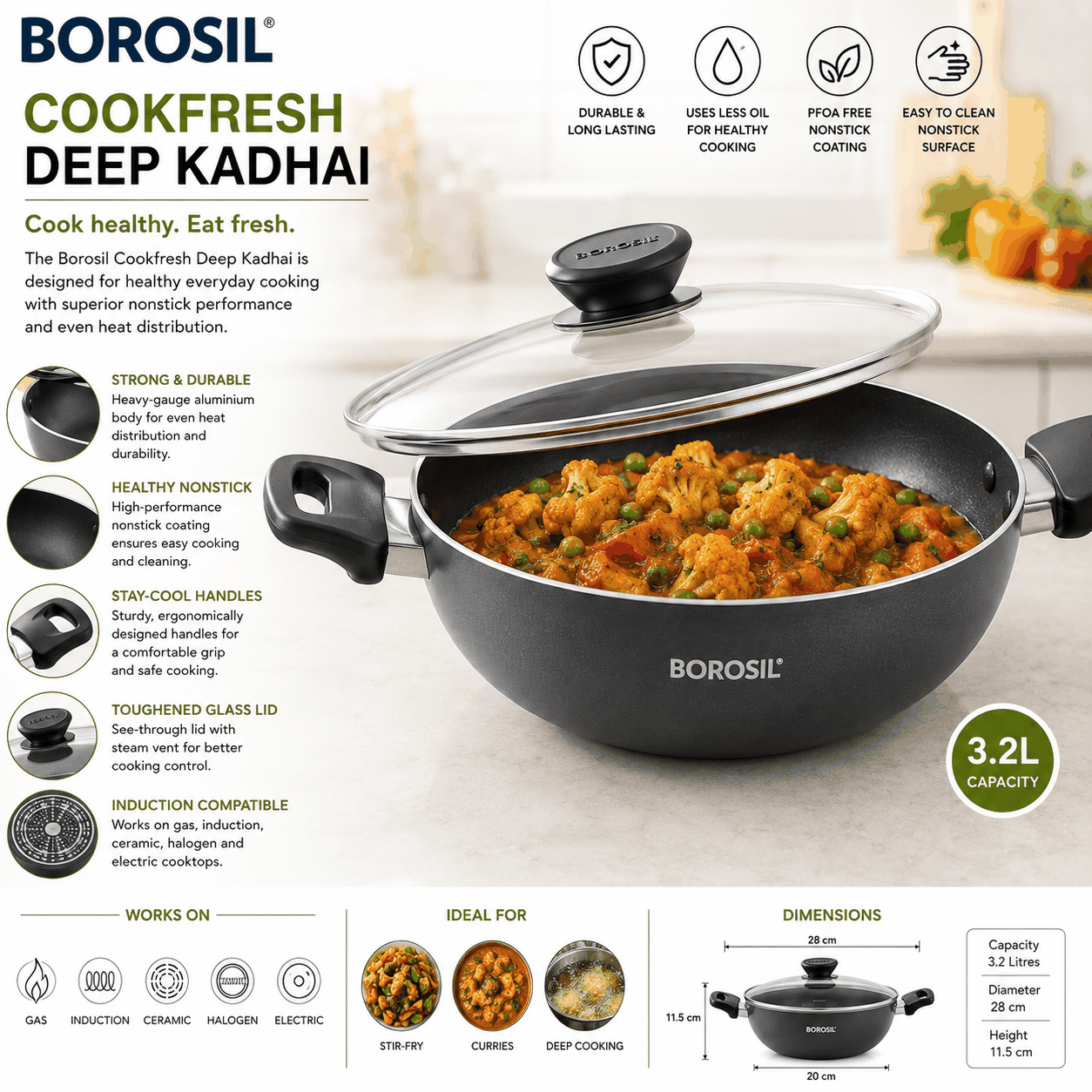 Borosil Borosil Cookfresh Deep Kadhai