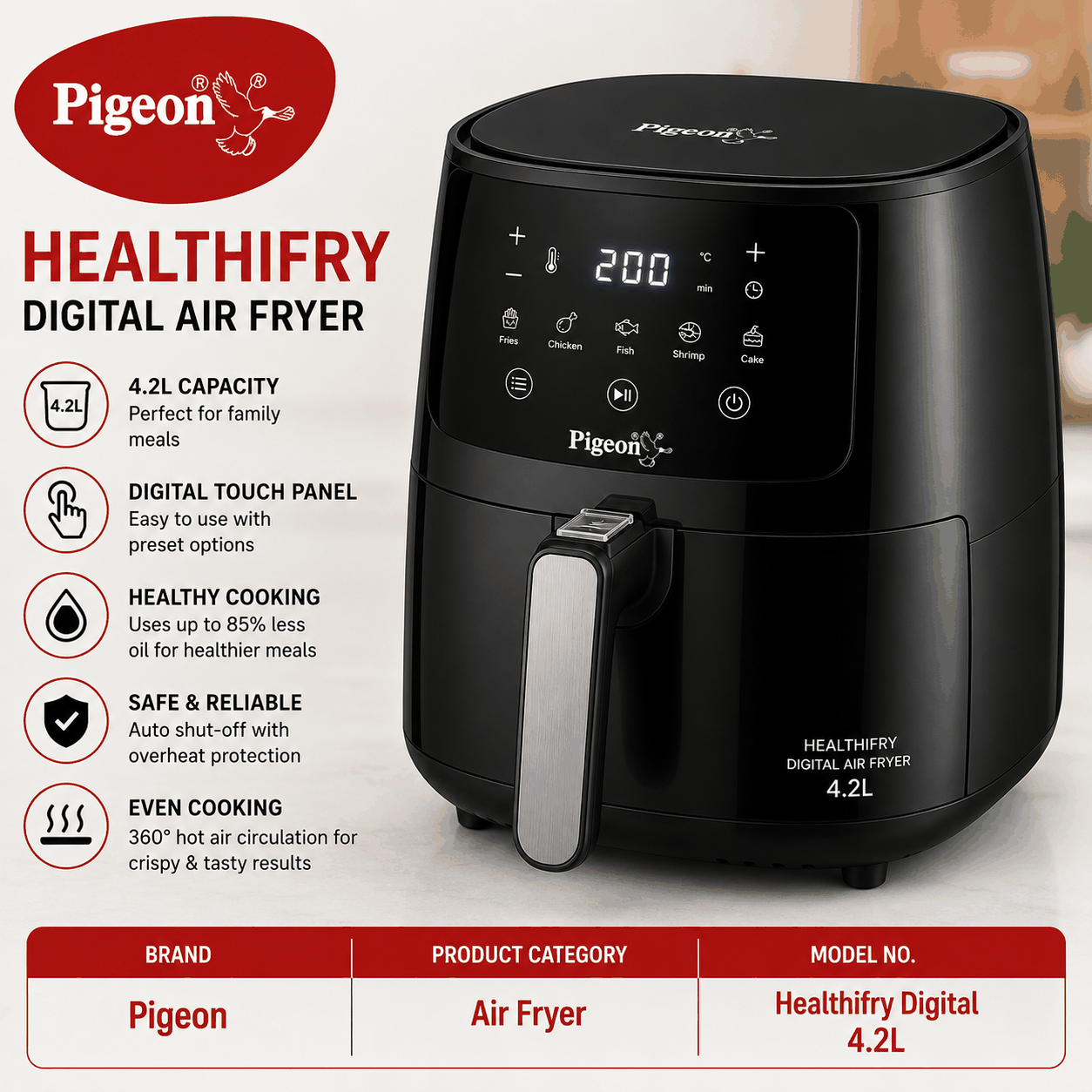 Pigeon Healthifry Digital Air Fryer Air Fryer 4.2L Capacity