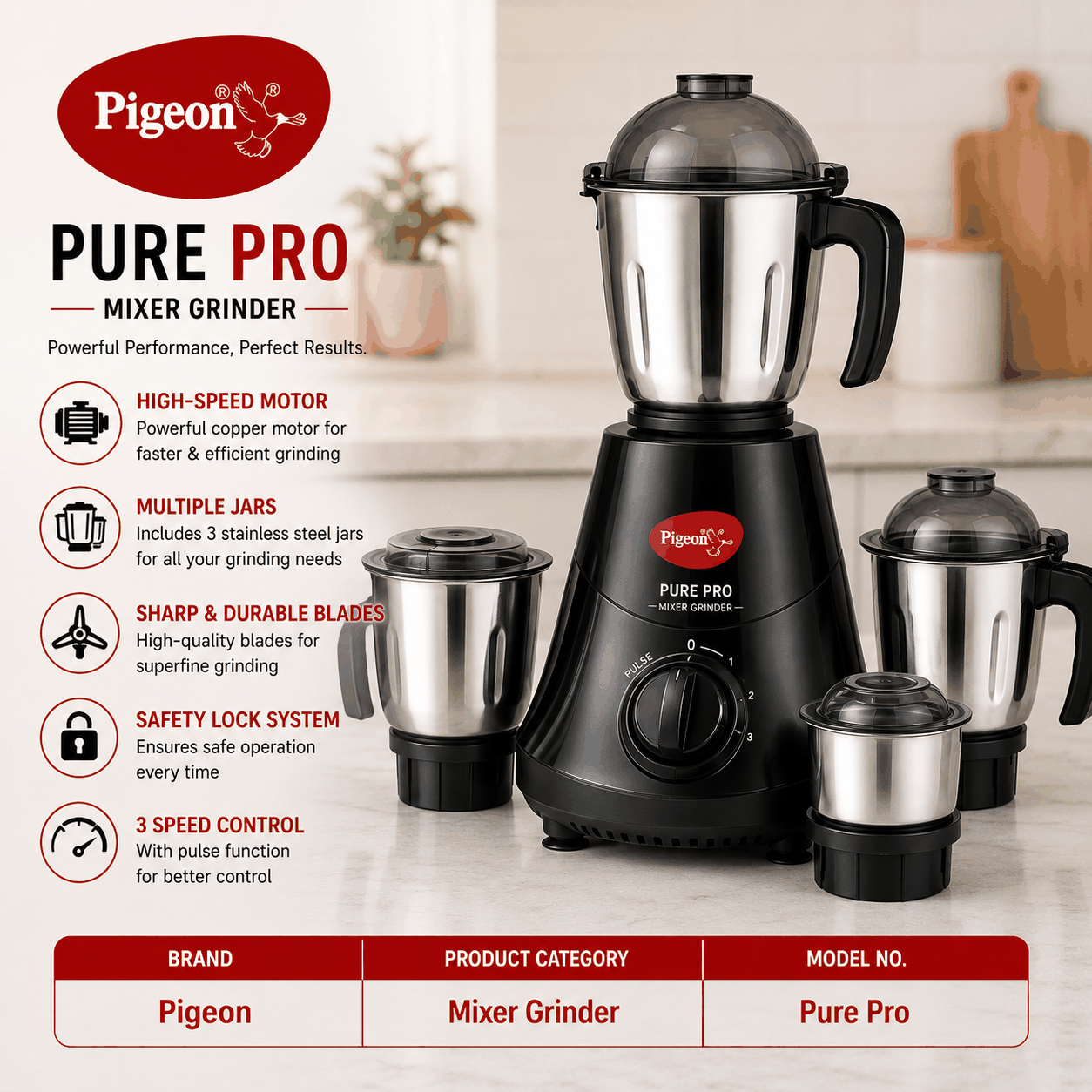 Pigeon Pure Pro Mixer Grinder Mixer Grinder Multiple Jars High-Speed Motor Mixer Grinder