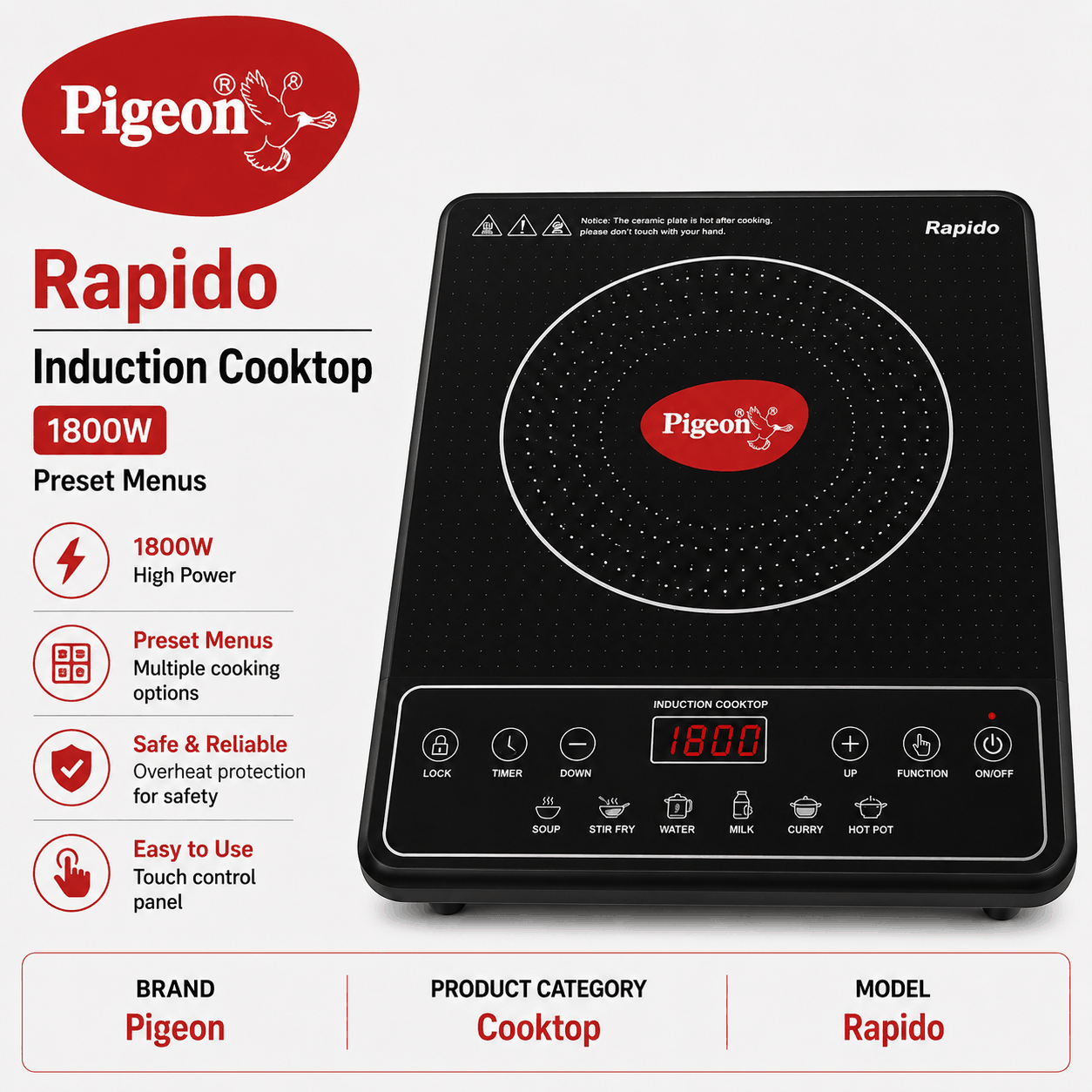 Pigeon Rapido Induction Cooktop Induction Cooktop 1800W